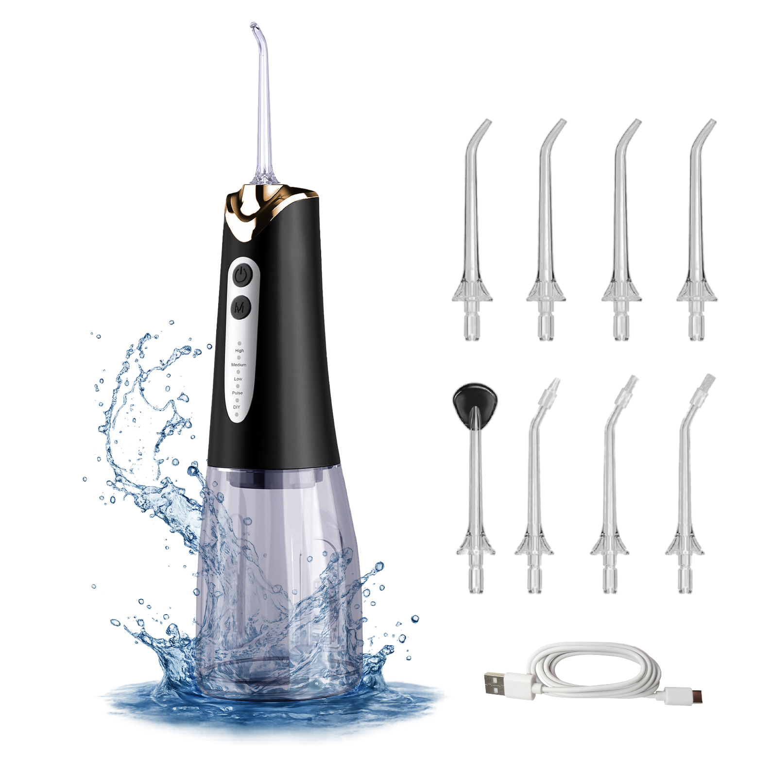 LED ATOMANT Irrigador Bucal Portátil Profesional 300ML, Irrigador Dental Inalámbrico con 8 Boquillas, 5 Modos de Limpieza, IPX7 Impermeable, Carga USB-C, Ideal para Ortodoncia y Encías Sensibles
