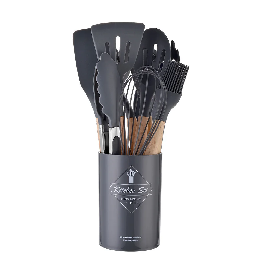 TK Juego De Utensilios De Cocina Ecológicos De Silicona 12PCS Con Mango De Madera Espátula Shovel Batidores De Huevo Herramientas De Cocina No Adherentes