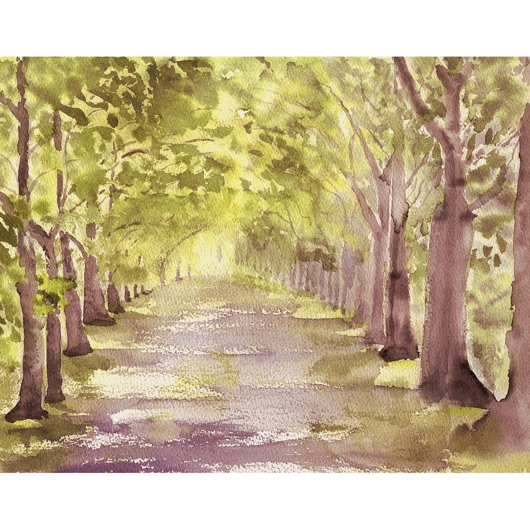 Cuadro decoración pared LIENZO SIN ENMARCAR paisaje horizontal grande "CAMINO DE VERANO" Acuarela Lienzo Alta Calidad Arboles Bosque Luz Naturaleza Arte Contemporáneo Verde Sepia Grises dorado Neutro rojizo Salón Pasillo Comedor Ref ANA DURAN A 086 A