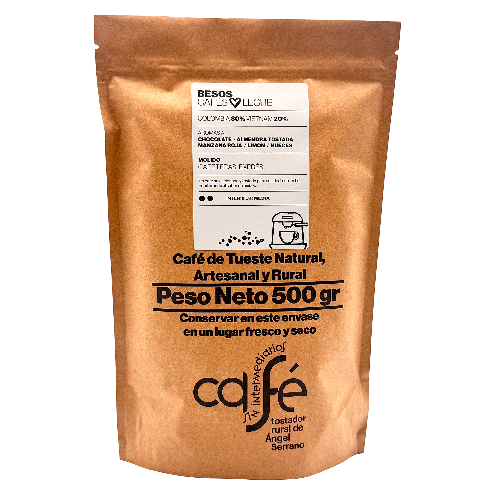 CAFÉ SIN INTERMEDIARIOS - Café de Colombia y Vietnam - Besos - Ideal para combinar con leche - Intensidad de sabor Media - Recién tostado y envasado - 500 g Grano o Molido (Exprés, Filtro, Italiana, Americana, Superautomática)