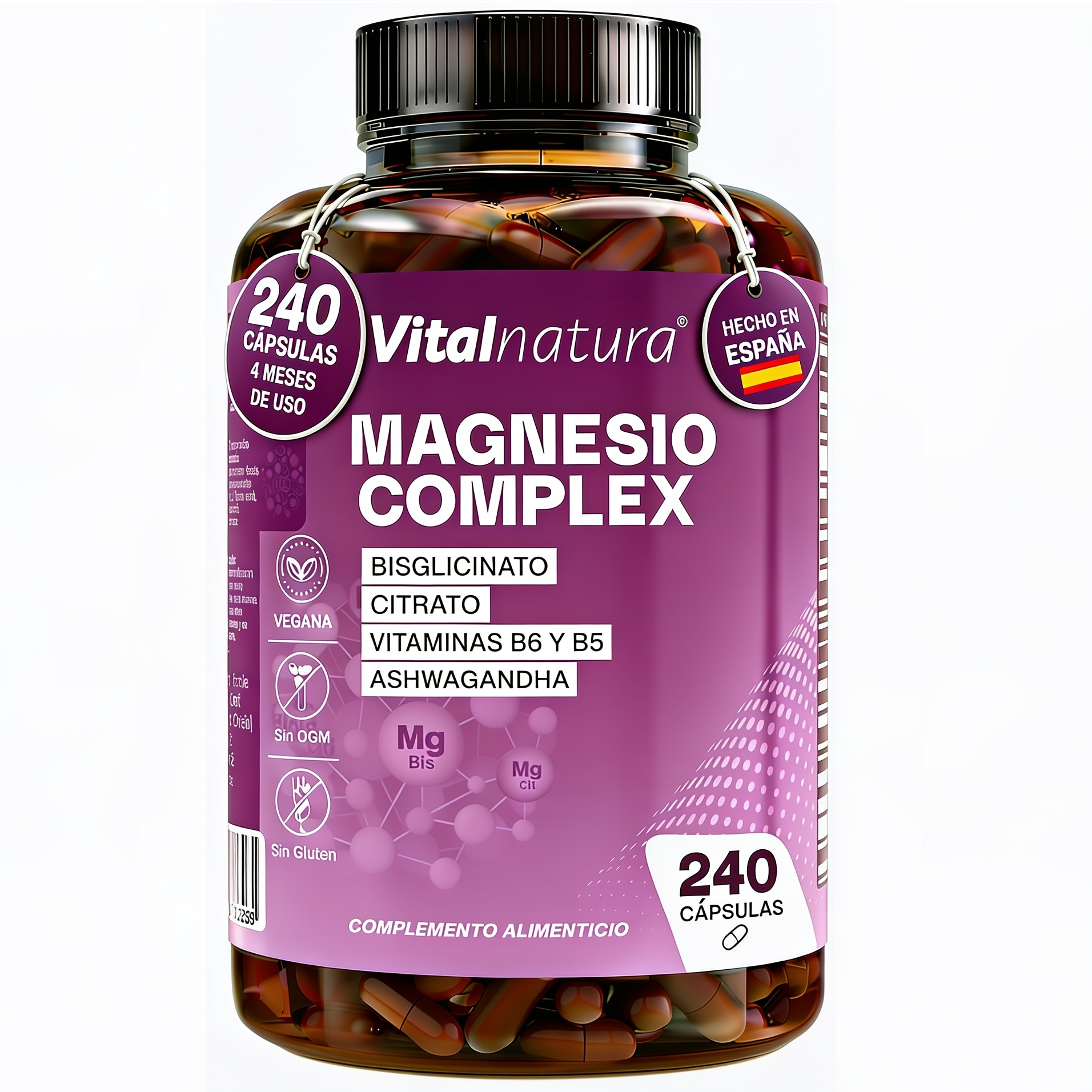 Magnesio Complex Vitalnatura con Citrato y Bisglicinato + Ashwagandha y Vitaminas B5 y B6 240 Cápsulas