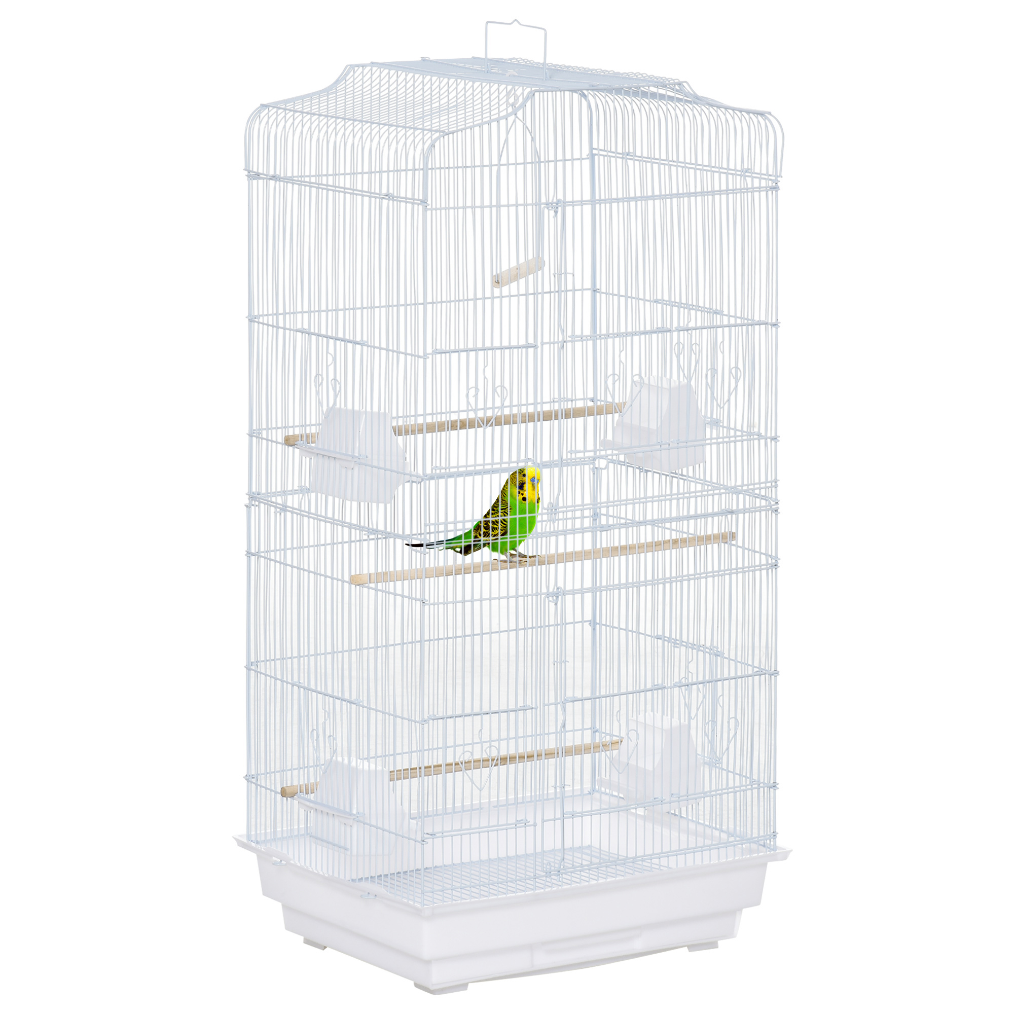PawHut Jaula para Pájaros, Jaula de Metal para Pájaros con Puertas, 4 Comederos, 3 Perchas, Columpio, Bandeja Extraíble y Asa de Transporte, para Loro, Canario, Periquito, 46,5x35,5x92 cm, Negro