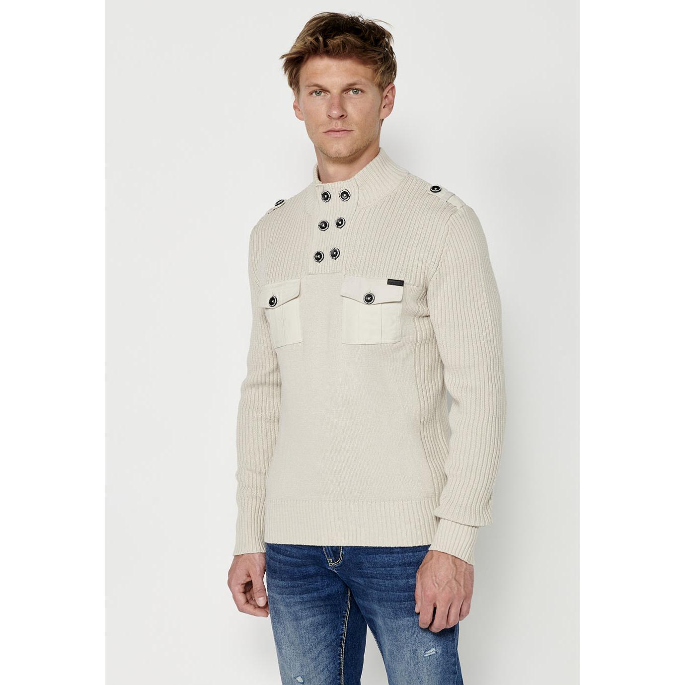 Koroshi - Jersey 2421TR10 de punto tricot para hombre con cuello alto ajustable y botones, bolsillos de plastrón, 100% algodón
