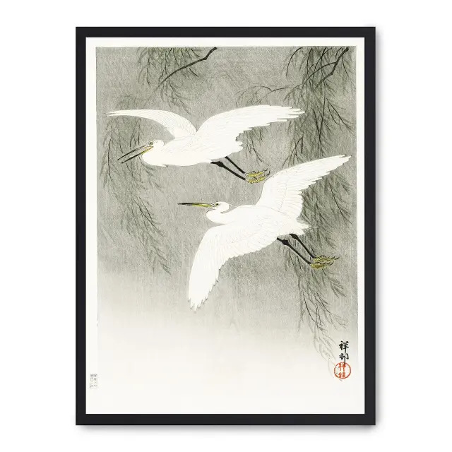 Cuadro white heron flight 30x40cm, Póster impreso en papel de primera calidad de 180gr, montado sobre marco de madera MDF acabado en negro., Arte - Japonés