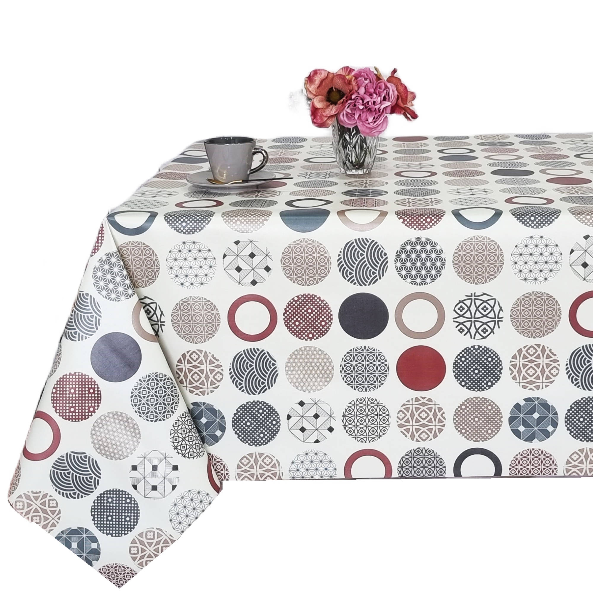 Mantel de Hule PVC Antimanchas e Impermeable, Diseño de Círculos Geométricos en Tonos Rojo, Gris y Beige, para Cocina y Comedor
