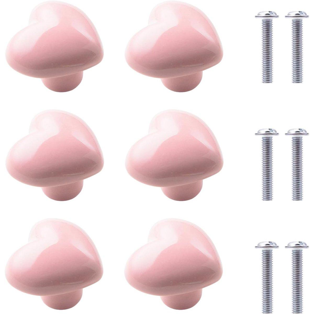 Juego de 6 pomos de cerámica rosa con forma de corazón, con tornillos, para cajones, armarios y muebles de cocina. Tiradores decorativos.