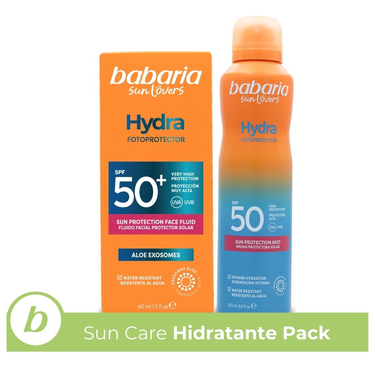 Babaria - Fluido Protector Solar Facial 50 + Bruma Corporal Protector Solar SFP 50 | Crema Facial Con Exosomas | Coral Friendly y Biodegradable| Resistente al Agua | Vegano | 200 ml
