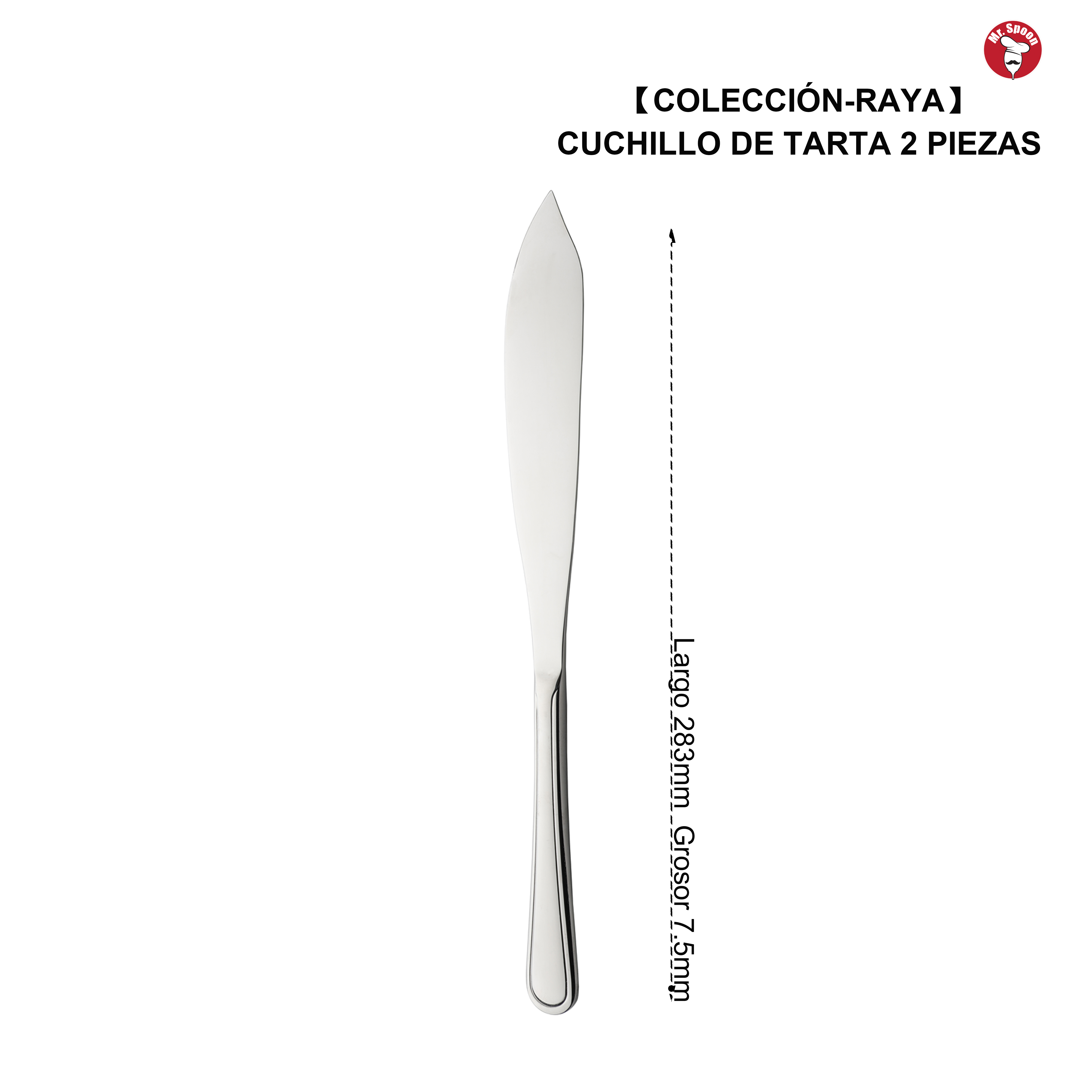 Mr.Spoon Serie Raya,Pala y Cuchillo para Tartas de 2, 6 o 12 piezas,Acero inoxidable 18/0,Plateado,Económico y funcional,Cuchillo de tarta largo283mm,Pala de tarta 258mm,Mango monobloque,Apto para lavavajillas,Empaque ecológico,Para casa,hotel,restaurante