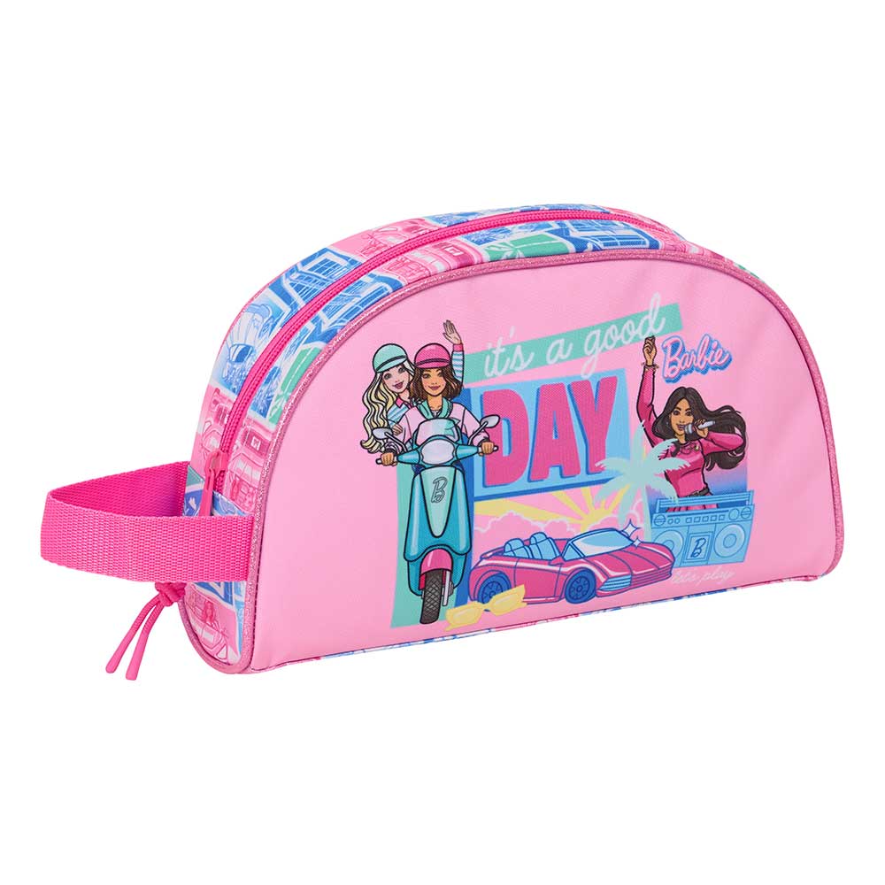 SAFTA | Neceser Adaptable a Carro Barbie Organizador Escolar Infantil 26 x 16 x 9 Cm (3,7 Litros), Asa Lateral, Bolsillo Interior con Cremallera, Compartimento Principal Amplio, Vuelta al Cole, Licencia Oficial, Rosa Multi