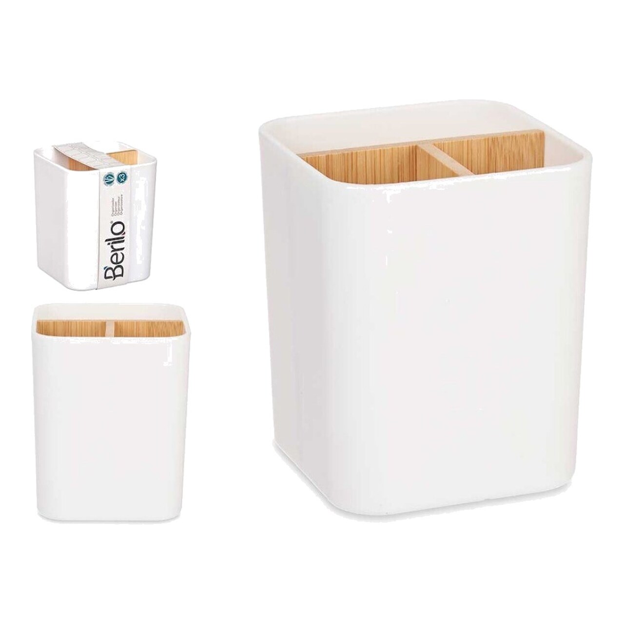 Organizador Cuadrado De Plástico Y Bambú De 3 Huecos 9X9x11cm 325834