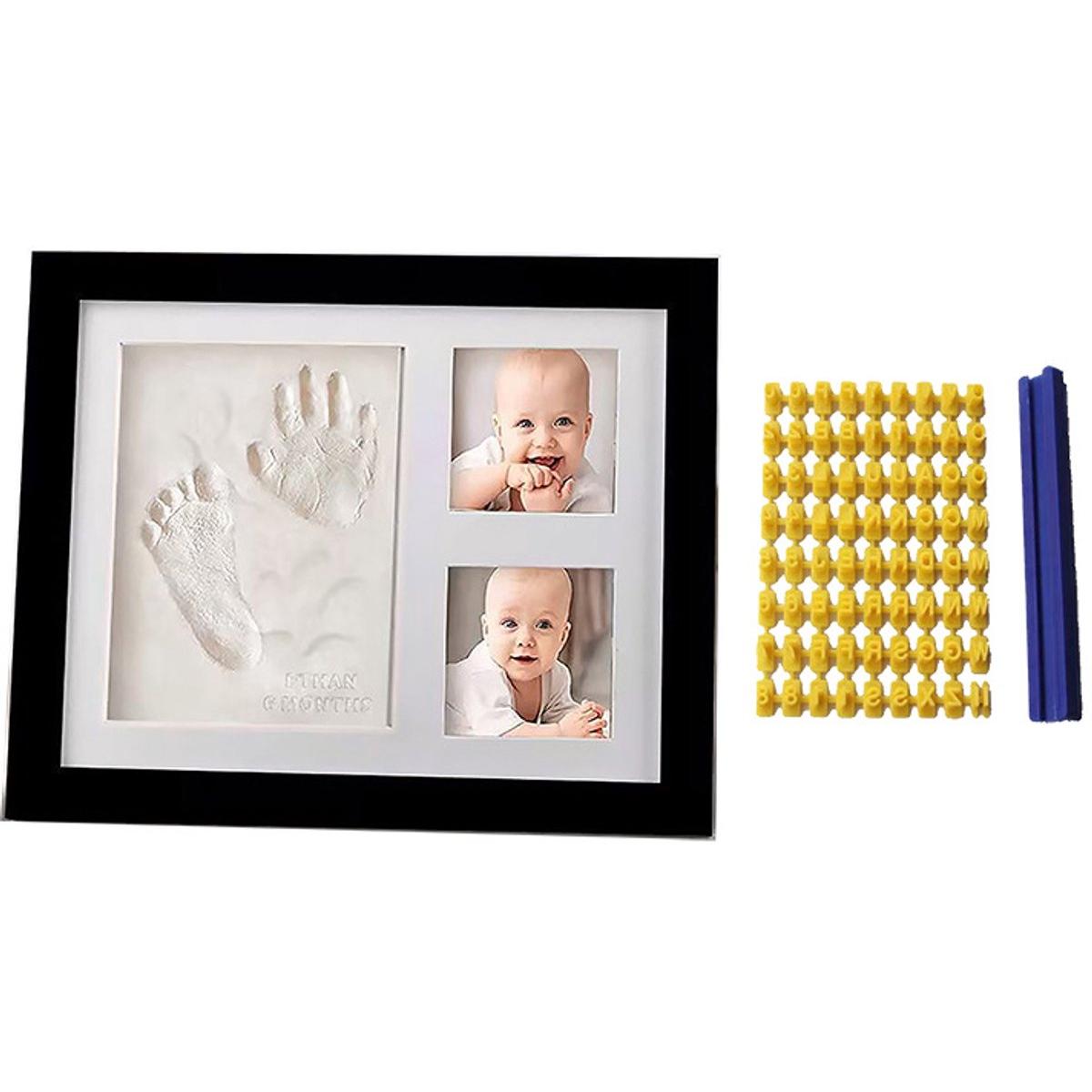 Fotolijstjesset met hand- en voetafdrukken van baby's, Een aandenken aan je baby, een set om de geboorte vast te leggen, inclusief alfanumerieke sjablonen, Zwart, 28 cm x 23 cm.