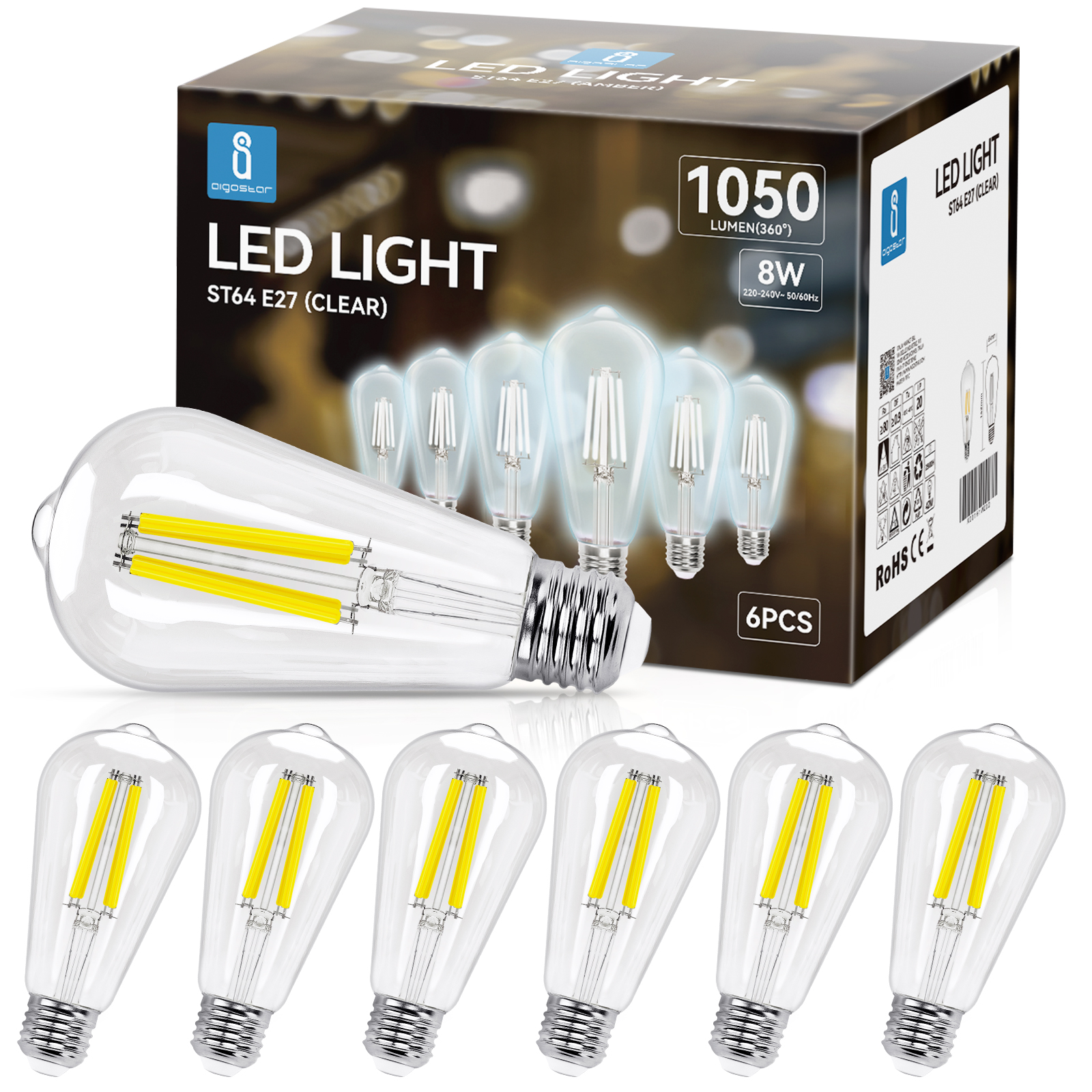 Aigostar ST64 Bombilla De Filamento LED E27 4W/6W/8W/10W, Edison Vintage 2200K/2700K/6500K. No Regulable. Pack 6 Uds