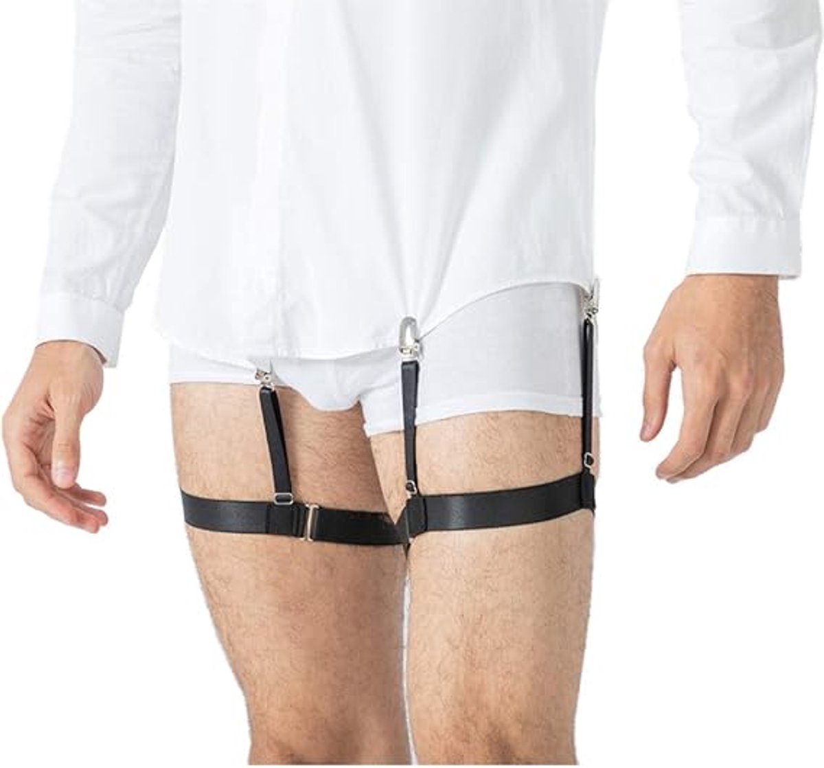 Een paar verstelbare elastische overhemdbanden voor heren (44-75 cm), met antislipgespen, voor comfort gedurende de hele dag en om ervoor te zorgen dat uw overhemd goed blijft zitten.