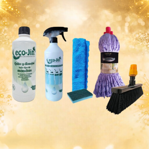 PACK LIMPIEZA ECO-JIN MULTISUPERFICIES FORMADO POR ESCOBA PARA INTERIORES + AROMA A ELEGIR + FREGONA A ELGIR + DIFUSOR + BAYETA Y ESTROPAJO CON ESPONJA
