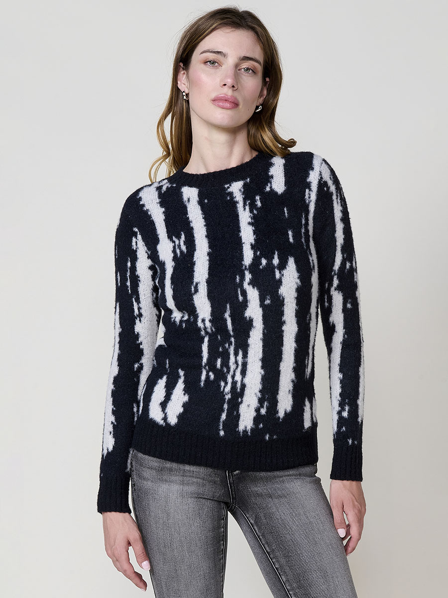 Koroshi - Jersey de mujer en punto jacquard blanco y negro, 100% poliamida suave y ligera, cuello redondo, diseño abstracto para look urbano