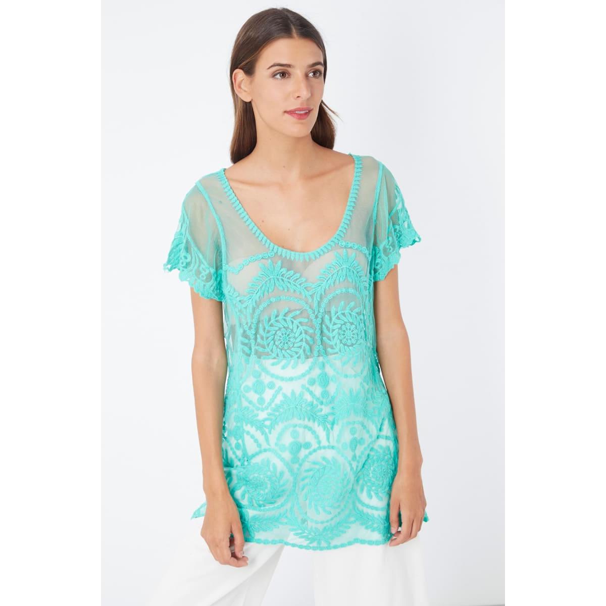 Top blusa fluida bordada manga corta volantes, cuello U, diseño fantasía, transparente, estilo boho chic, talla 38, color verde, cómodo y versátil ideal verano vacaciones✅Entrega 24/48h