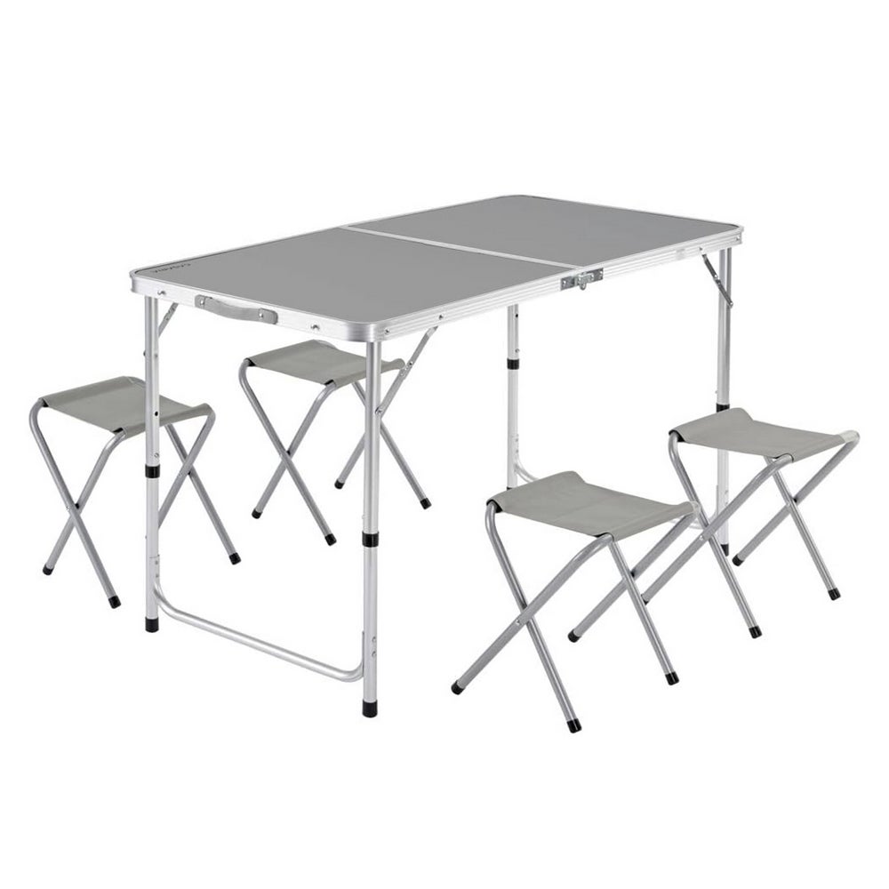 Mesa Plegable de Camping y 4 taburetes, cierre Malentín con Asa, color Gris Mesa Picnic de Aluminio y sillas de loneta. Regulable en 3 niveles de altura, de 60x120x70 cm MONTY