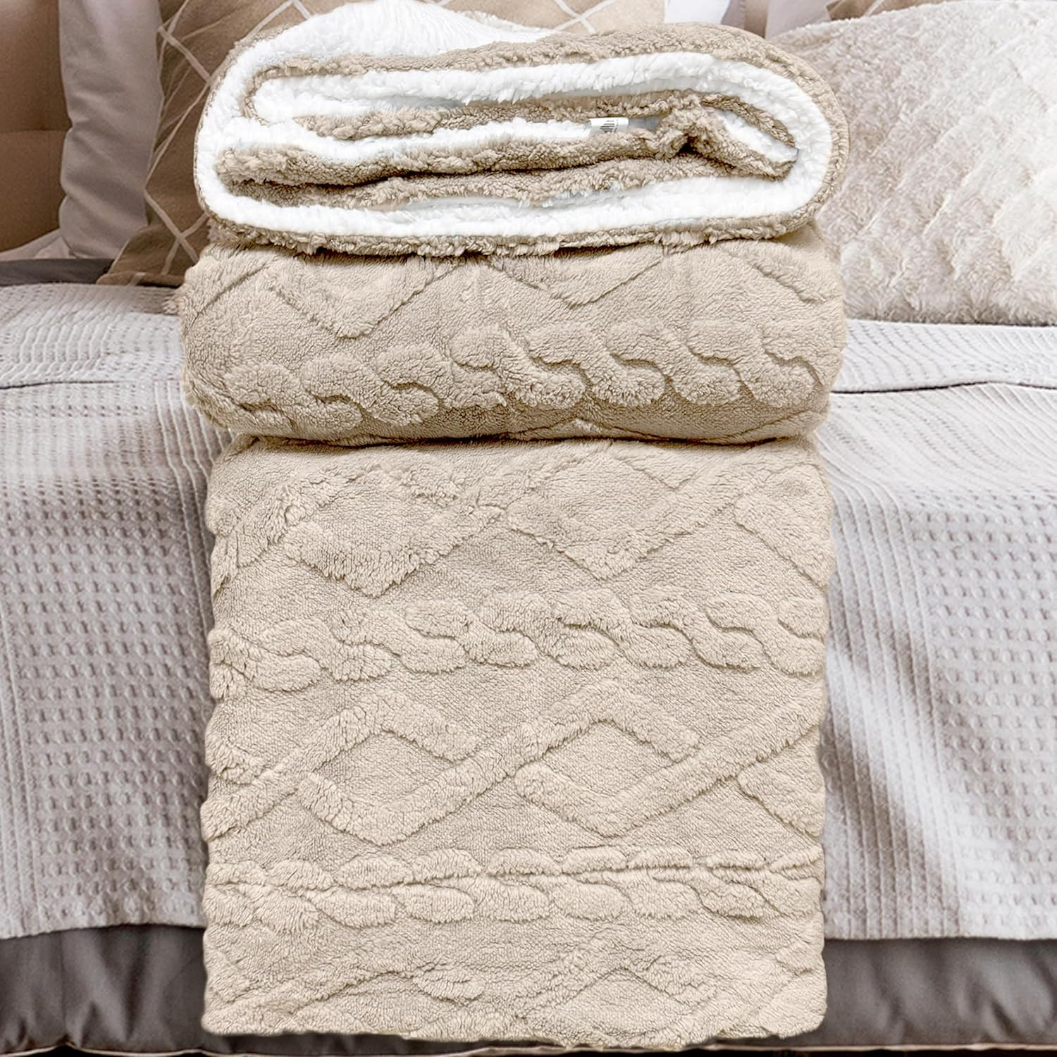 Manta Sofa de Borrego, Manta Doble Cara Franela y Sherpa, 100% Poliester, Suave y Caliente para Invierno, 130 x 160 cm/160 x 220 cm/220 x 240 cm