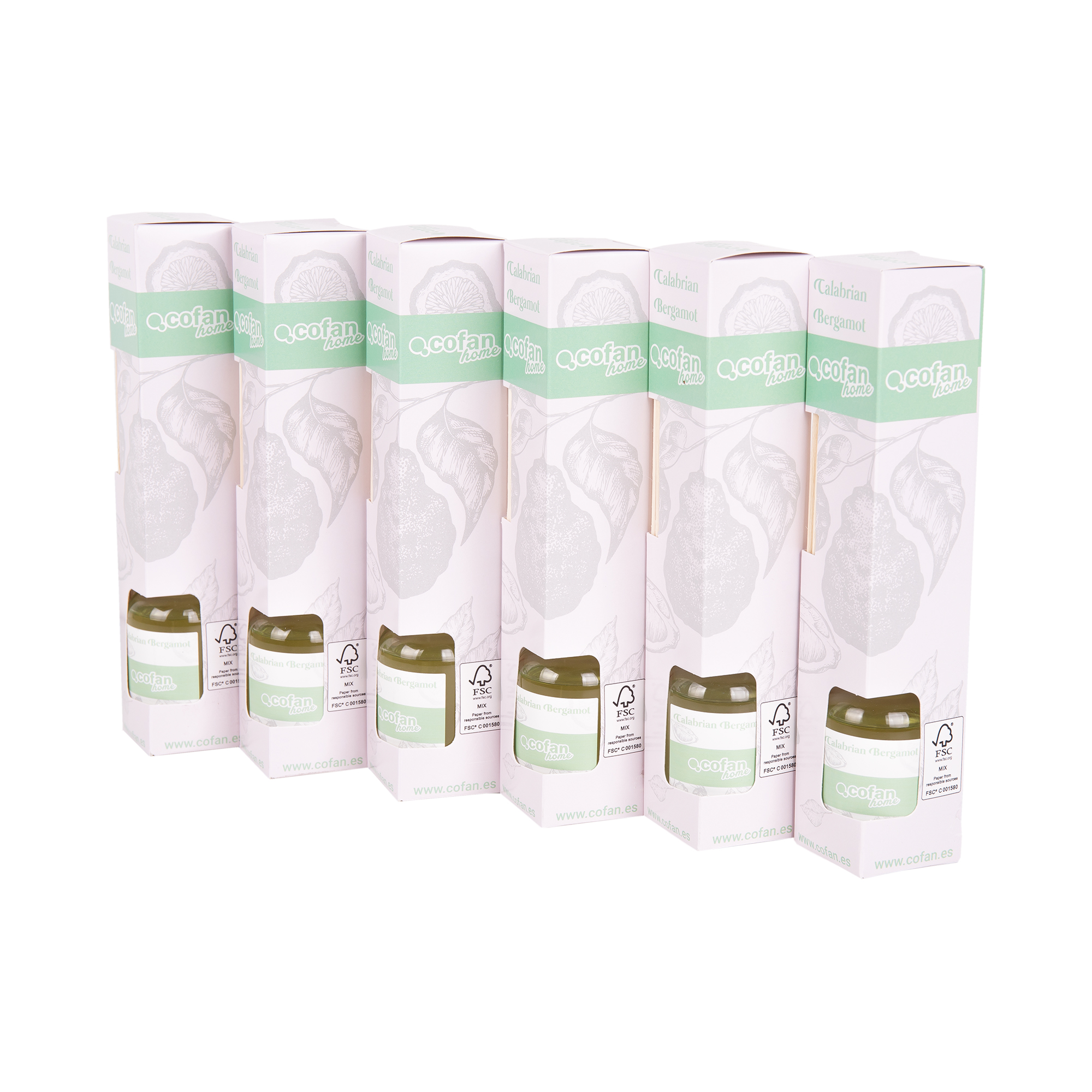 Cofan Pack de 6 ambientadores de varillas bergamota calabrese | Aroma revitalizante | Varillas de ratán | Frasco de vidrio | Capacidad: 50 ml