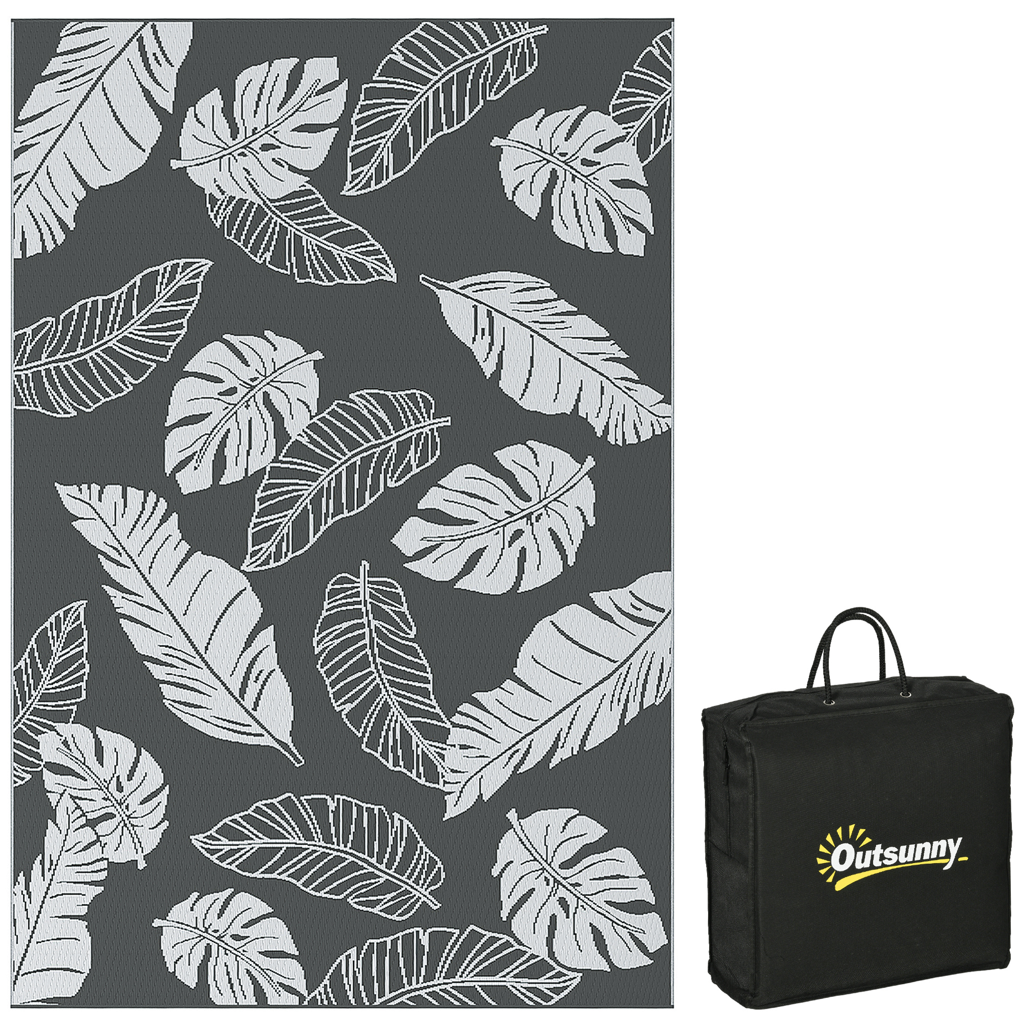 Outsunny Alfombra de Exterior 274x182 cm Alfombra Reversible con Patrón de Hojas y Bolsa de Transporte Impermeable para Terraza Balcón Patio Camping Playa Gris y Blanco