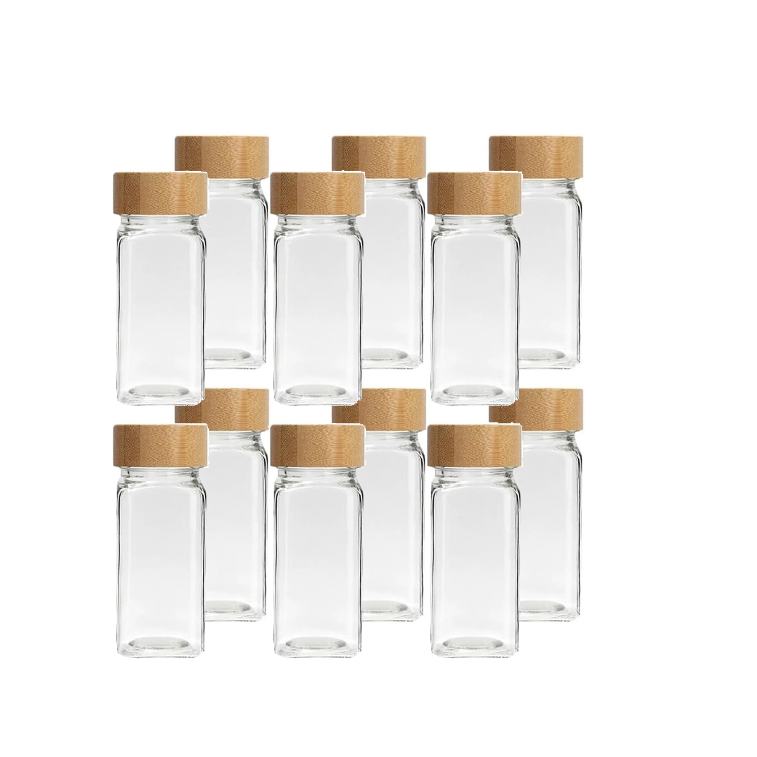 Set de 12 Tarros Cuadrados para Especias, Recipientes de Vidrio de 120ml con Tapa de Bambú, Organizador de Cocina Ideal para Todo Tipo de Especias, MB