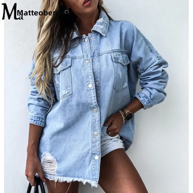 TK Nueva Camisa De Vaquera Larga Para Mujer Otoño 2024 Con Bolsillos Y Botones Estilo Boyfriend Regular Fit Ropa Casual