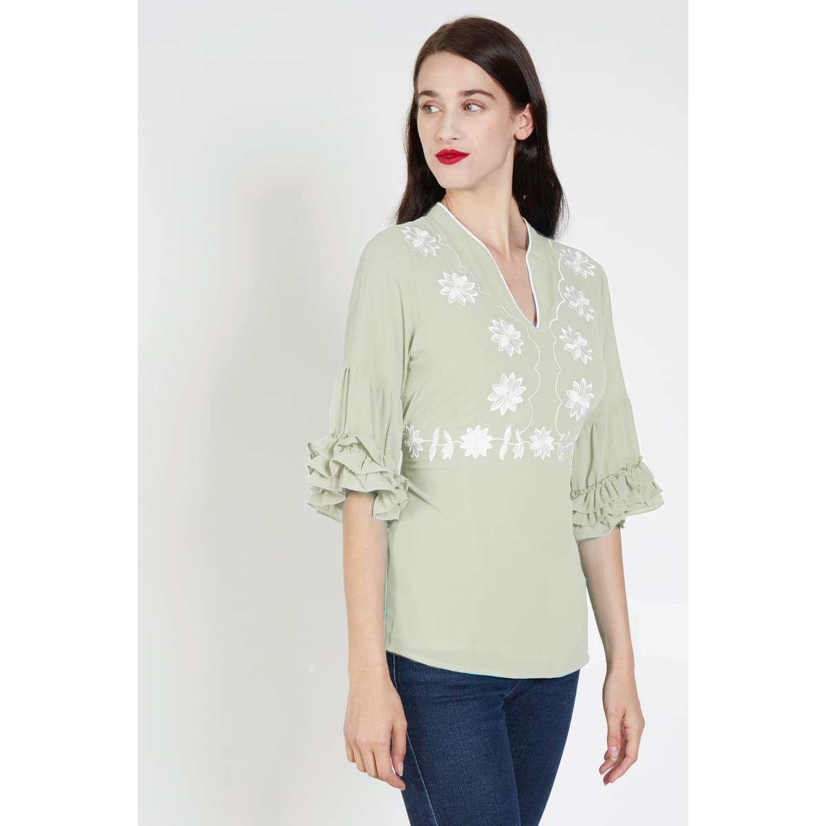 Blusa bordada mujer, top elegante, modelo manga 3/4 volante, cuello redondo escote pico, lazo decorativo, color verde claro, talla 38, cómoda y fresca, ideal looks casual o formal ✅Entrega 24/48h