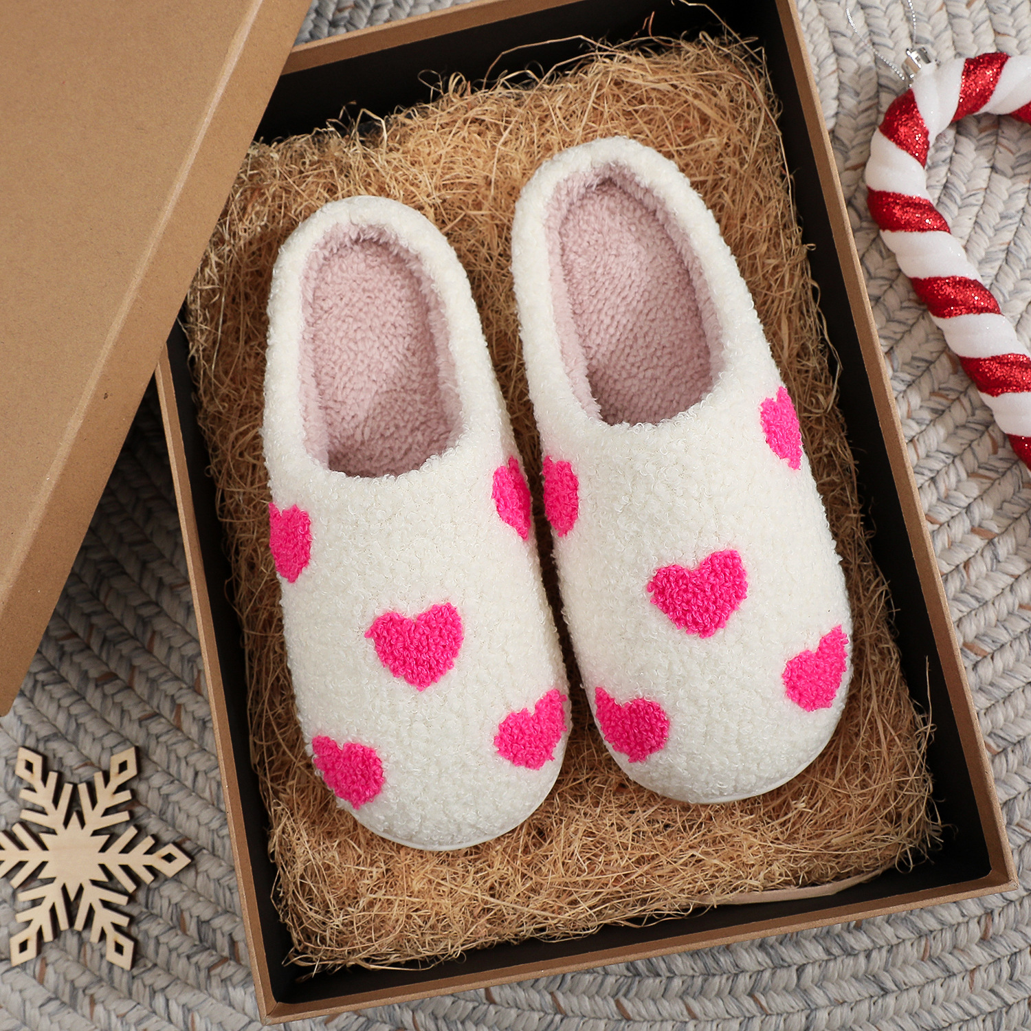 TK Pantuflas suaves y afelpadas con diseño de corazón rosa: pantuflas cómodas con forro esponjoso, diseño abierto y soporte para la rodilla.