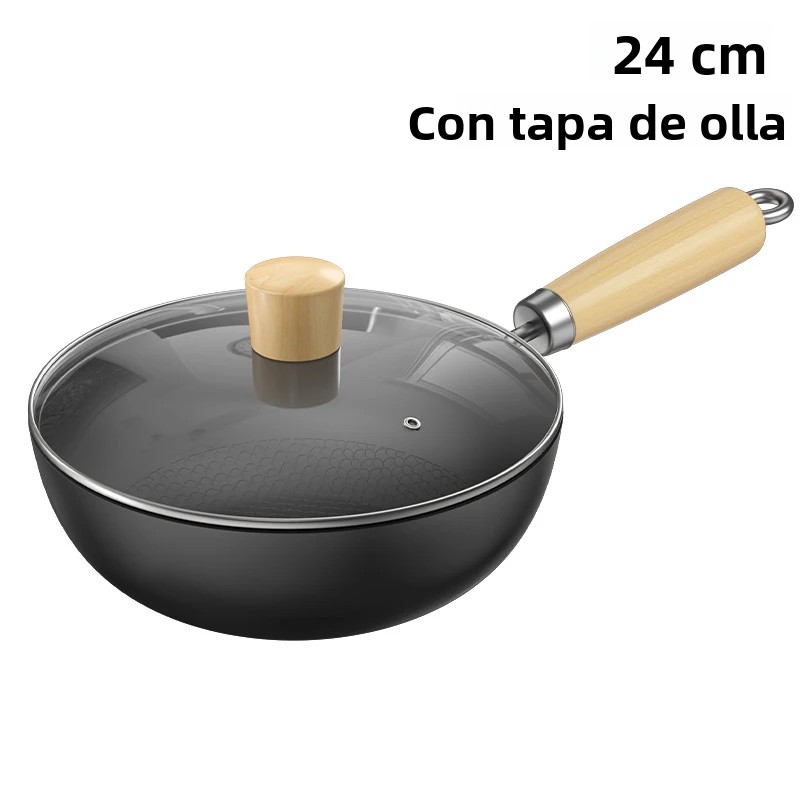 TK Sartén De Hierro Fundido No Adhesiva Con Tapa Universal Para Estufa De Gas Y Inducción Cocedor De Carne a La Parrilla Wok Sartén De Cocina Ecológica De 24 Cm