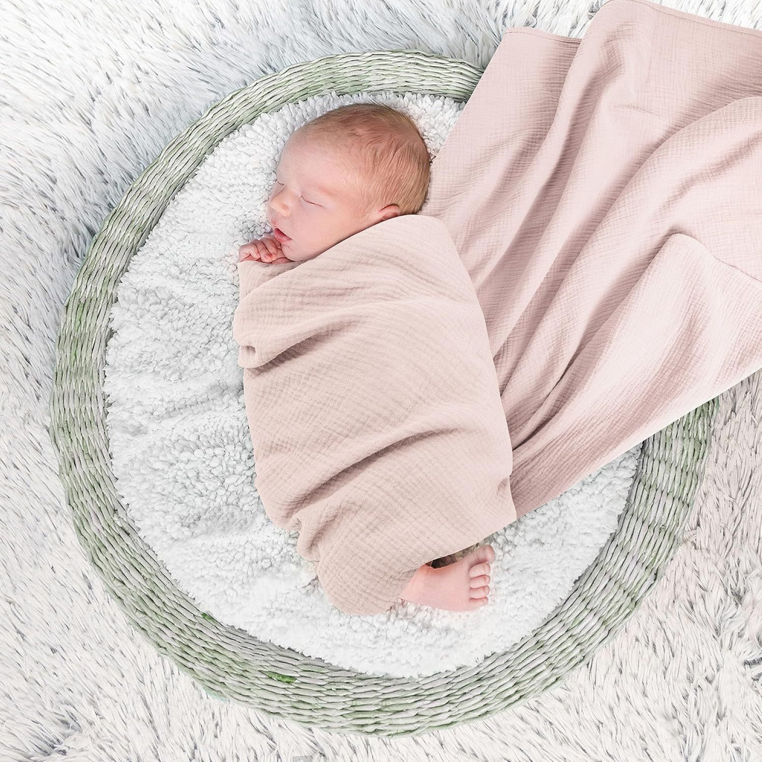 OmHom Conjunto 3 piezas para bebés: Muselina de algodón 100% suave como la nube, toalla envolvente para recién nacidos + manta de 6 capas, cuidado delicado para niños y niñas