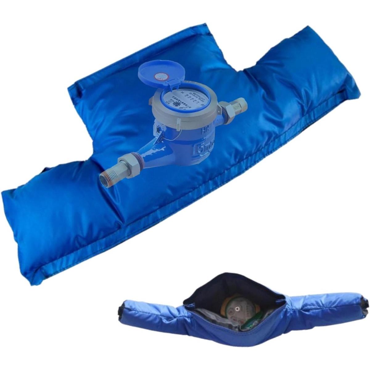 Funda protectora antihielo para grifo exterior y contador de agua, 55x25cm. Protector antihielo aislante azul con revestimiento Oxford impermeable. Funda universal de invierno para tuberías exteriores.