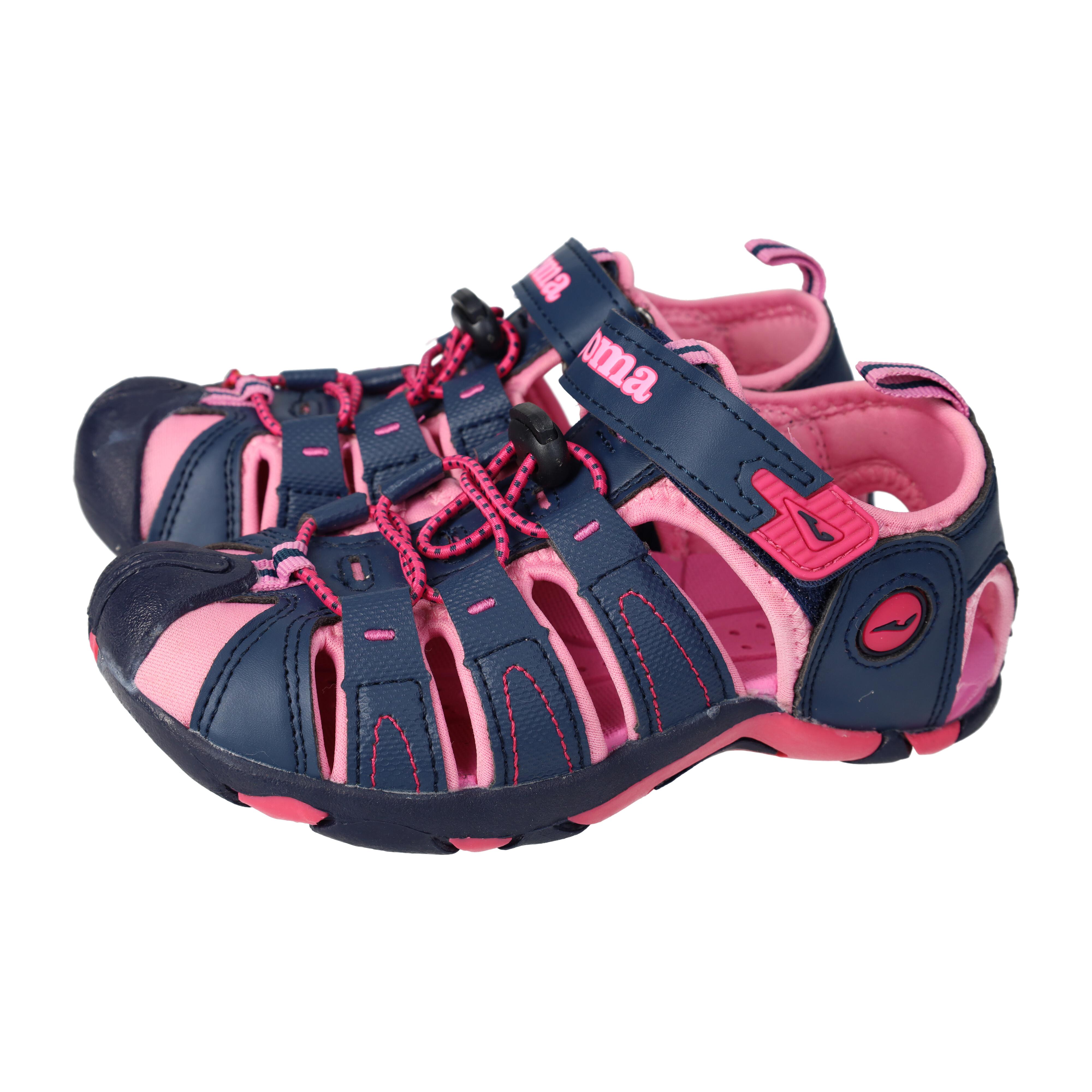 Sandalias marca JOMA para niña en color marino-fuxia. Cangrejeras para niñas en color azul marino y fucsia, chanclas con cinta textil adhesiva  para playa y piscina, hechas por Joma