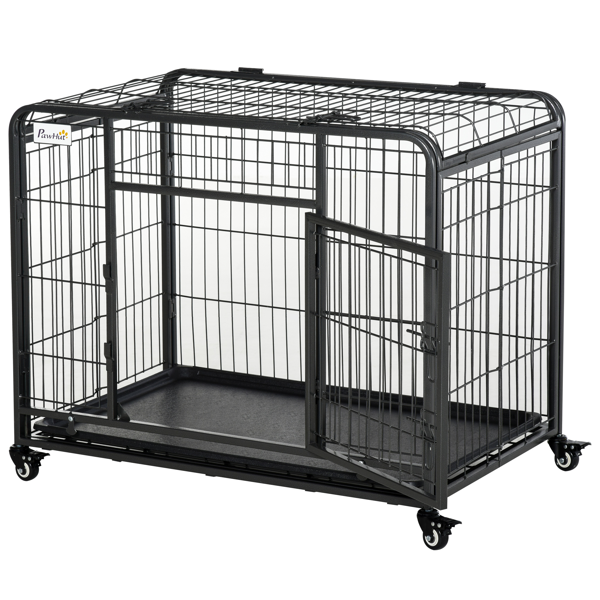 PawHut caja de transporte jaula de transporte plegable con ruedas 2 puertas con cerradura y bandeja extraíble metal gris + negro 94 x 58 x 69,5 cm