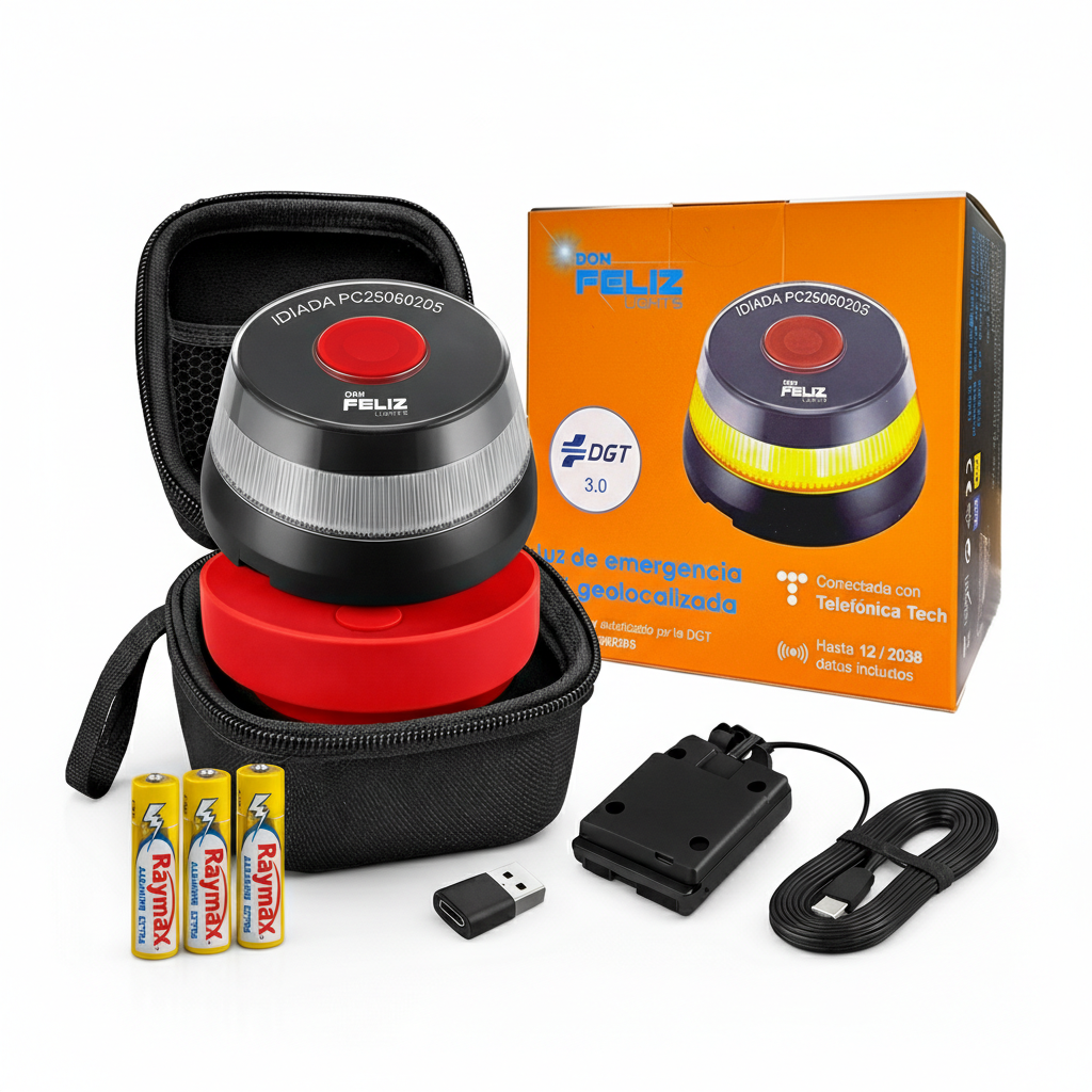 KIT Baliza emergencia V16 Don FELIZ conectada con geolocalizacion DGT 3.0, luz de emergencia homologada, conectada y autorizada por DGT, señal V16 con pilas incluidas, conectividad Telefonica , vision 360 grados