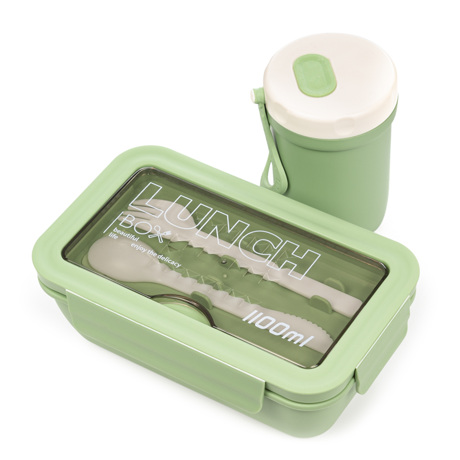 DAM. Fiambrera hermética para guardar alimentos, de 1100ml. Incluye vaso térmico y cubiertos. Apto para microondas. 20,3x12,3x7,3 cm.