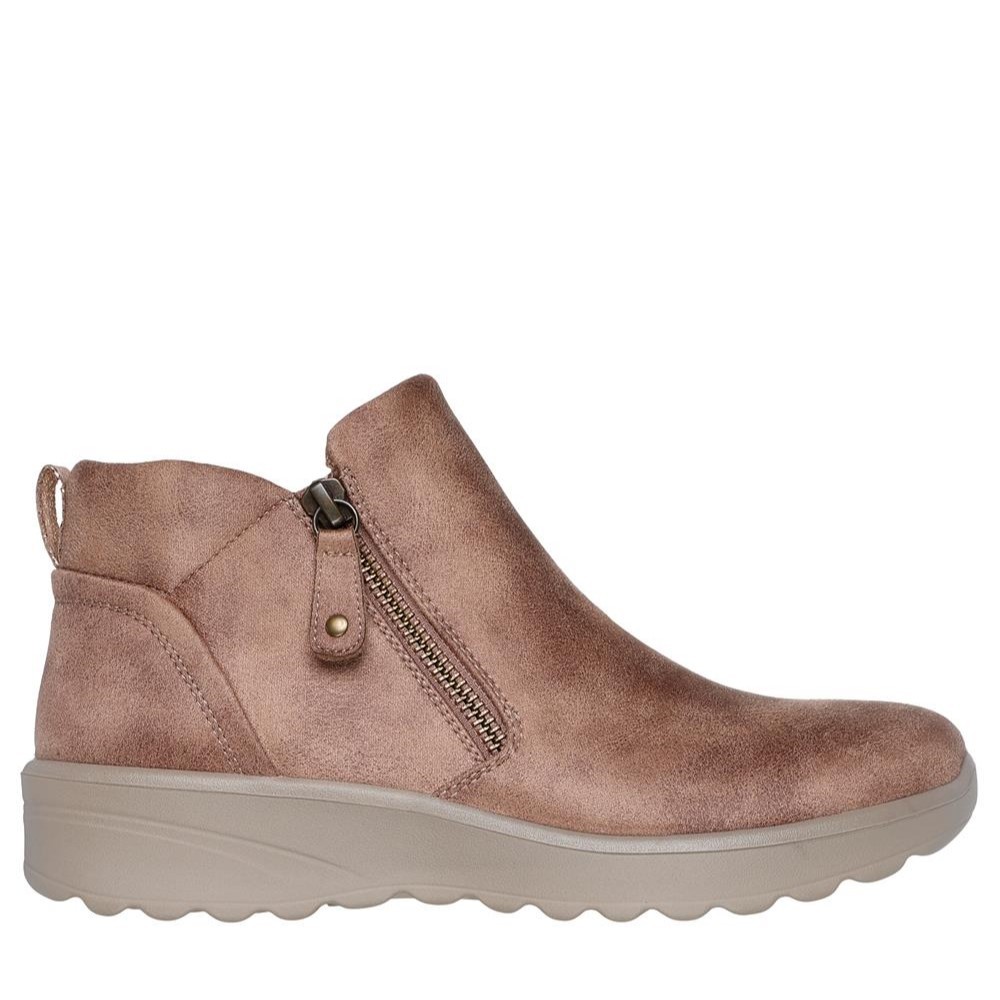 Cómoda  Botín casual mujer Skechers LOVELY VIBE - FALL IN BLOOM en tejido aspecto piel lisa taupe. Ajuste cremallera. Plantilla Air Colded Memory Foam amortiguadora. Altura Tacón bajo (1-3 cm) Referencia 158952-MUSH