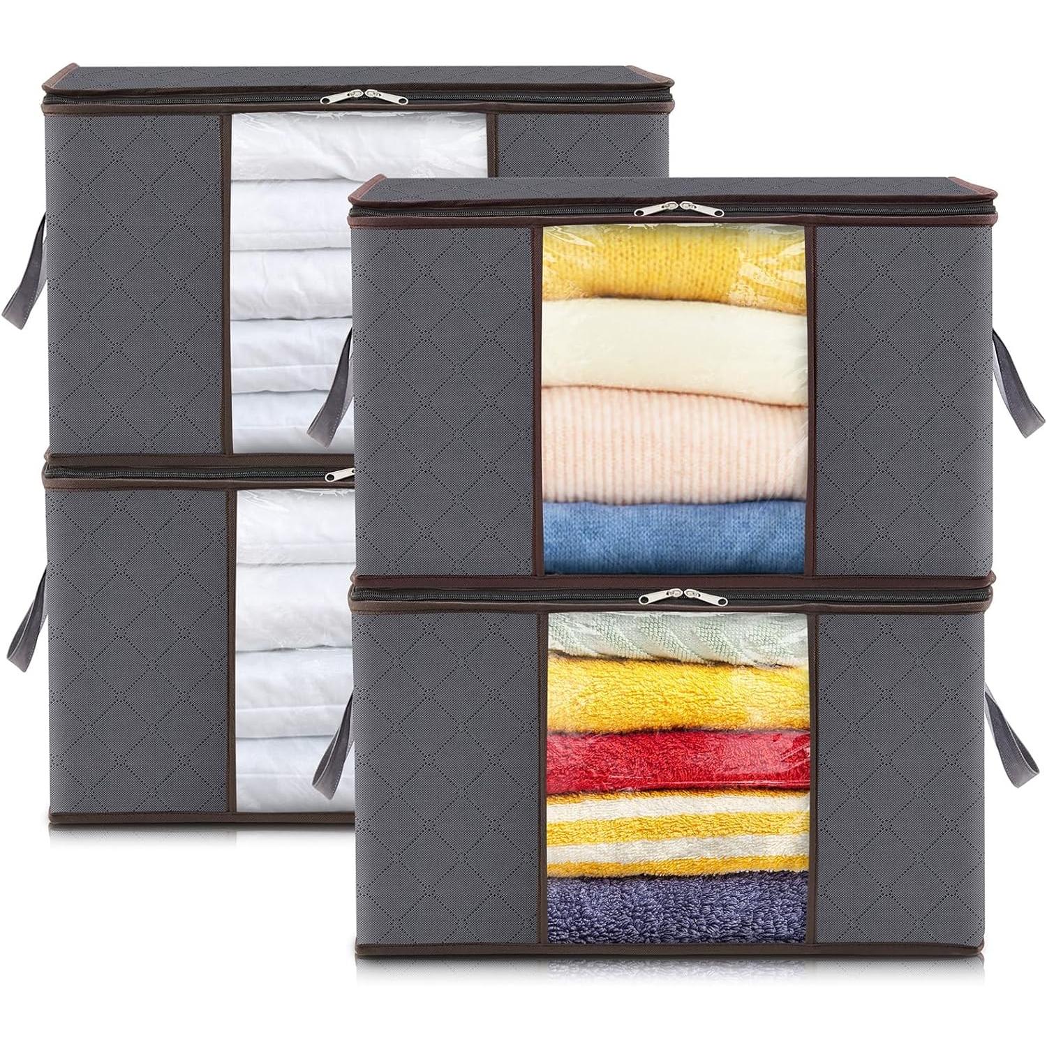 Om Home 4 Piezas Cajas Almacenaje 90L, Bolsas para Guardar Ropa, Bolsa Almacenaje Ropa Plegable, Cajas Mudanza, Cajas Almacenaje Plastico, Organizador Armario Para Ropa, Mantas, Edredones, Gris
