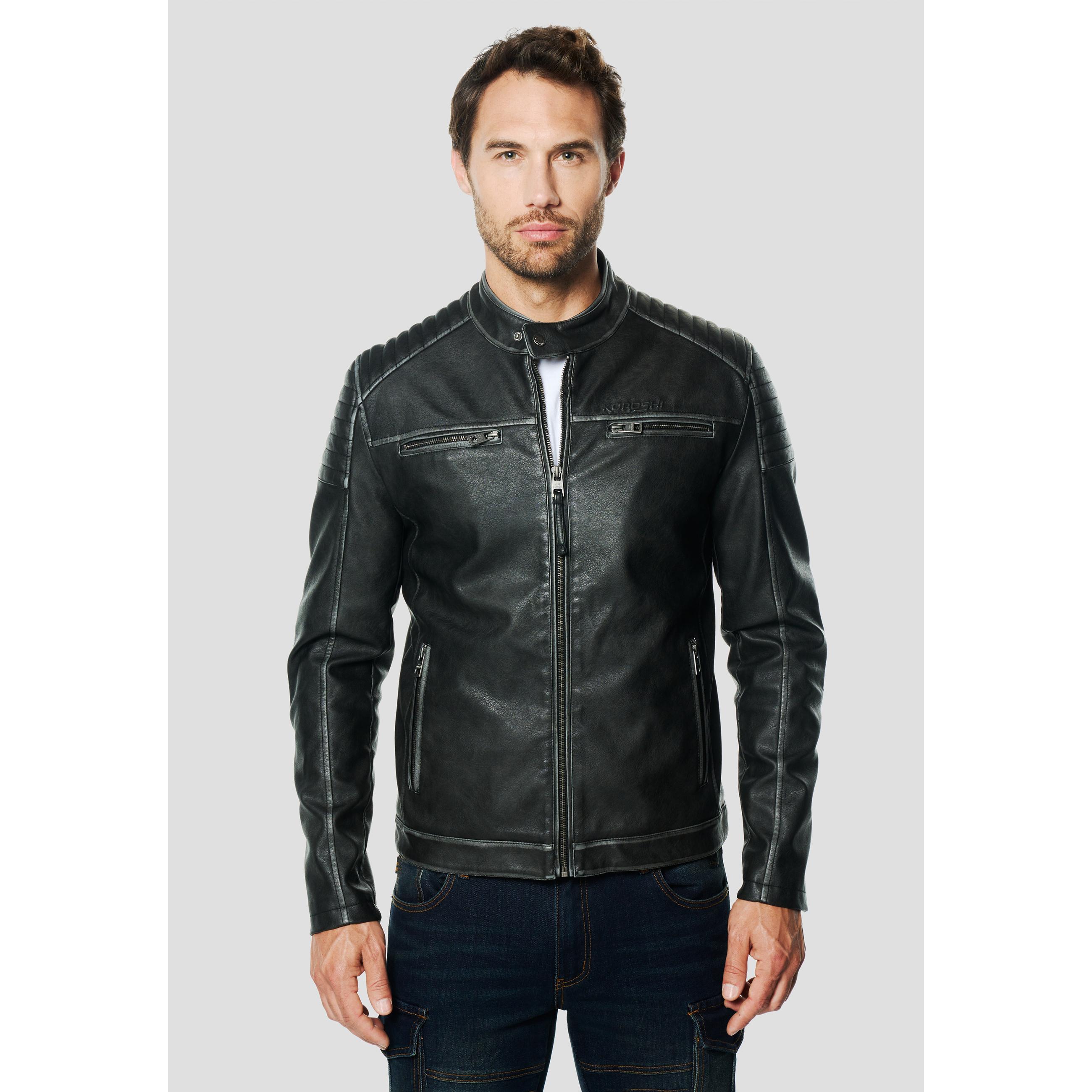 Koroshi - Chaqueta biker acolchada efecto piel lavado vintage para hombre, con hombros acolchados y gráfico en la espalda, negro