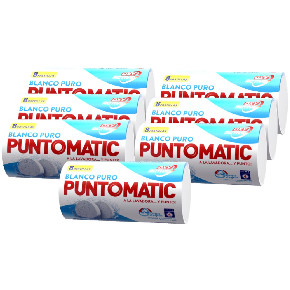 Puntomatic Detergente en Pastillas Oxy Active Blanco Puro, para Ropa Blanca, Pack 7x8 Pastillas 28 Lavados, 56 Pastillas, con Agentes Blanqueantes, Eficaz contra las Manchas, Rápida Disolución