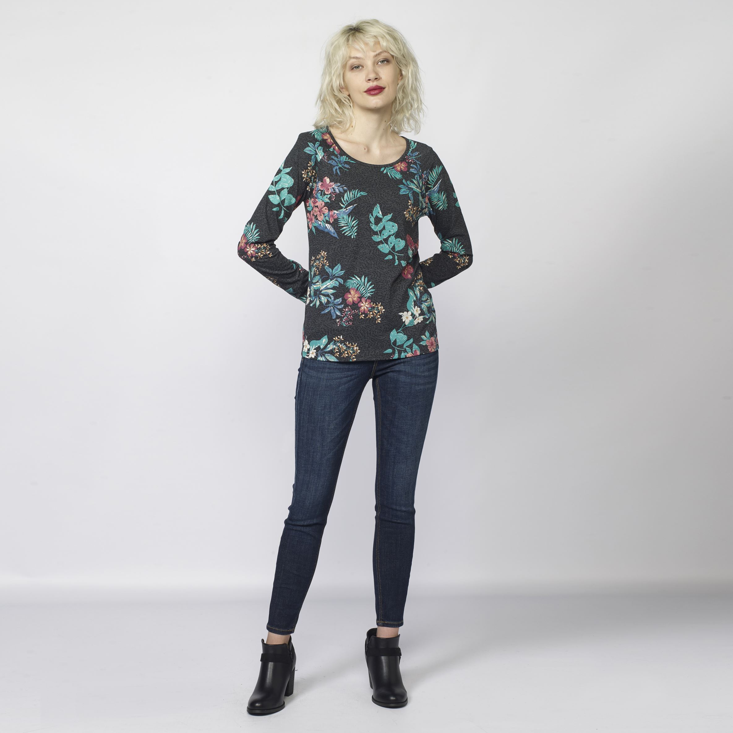 Koroshi - Camiseta manga larga mujer estampado floral tropical con brillantes antracita de viscosa para entretiempo