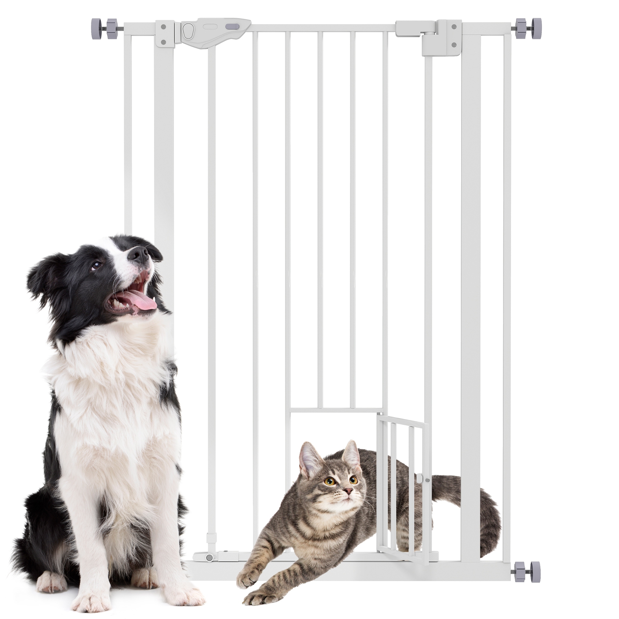 PawHut Barrera de Seguridad Perros Gatos con Puerta Pequeña 74-80x104,1 cm para Puerta Pasillo Escalera Barrera para Mascotas con Cierre Automático y Sistema de Doble Bloqueo Blanco