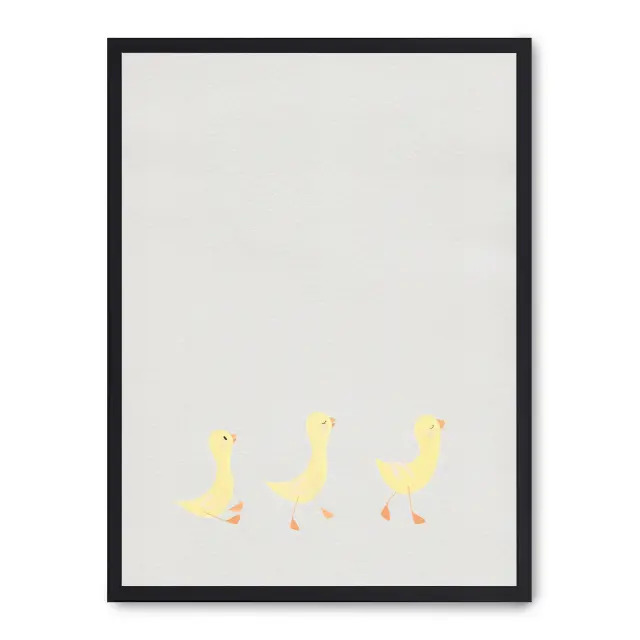 Lámina con marco negro THREE DUCKLES 21x30 cm, Póster impreso en papel de primera calidad de 180gr, montado sobre marco de madera MDF acabado en negro., Infantil - Bebé