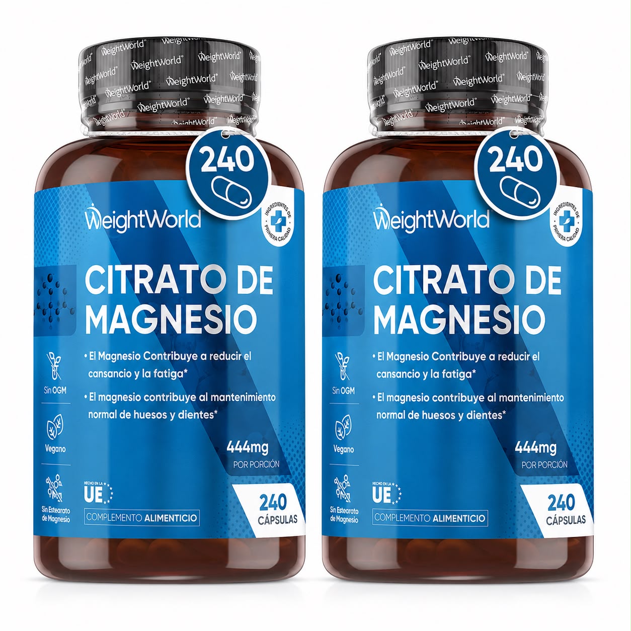 Citrato de Magnesio 480 Cápsulas Veganas - 444mg de Magnesio Puro provenientes de 1480mg del Citrato, Para 8 Meses, Sin Gluten ni OGM WeightWorld