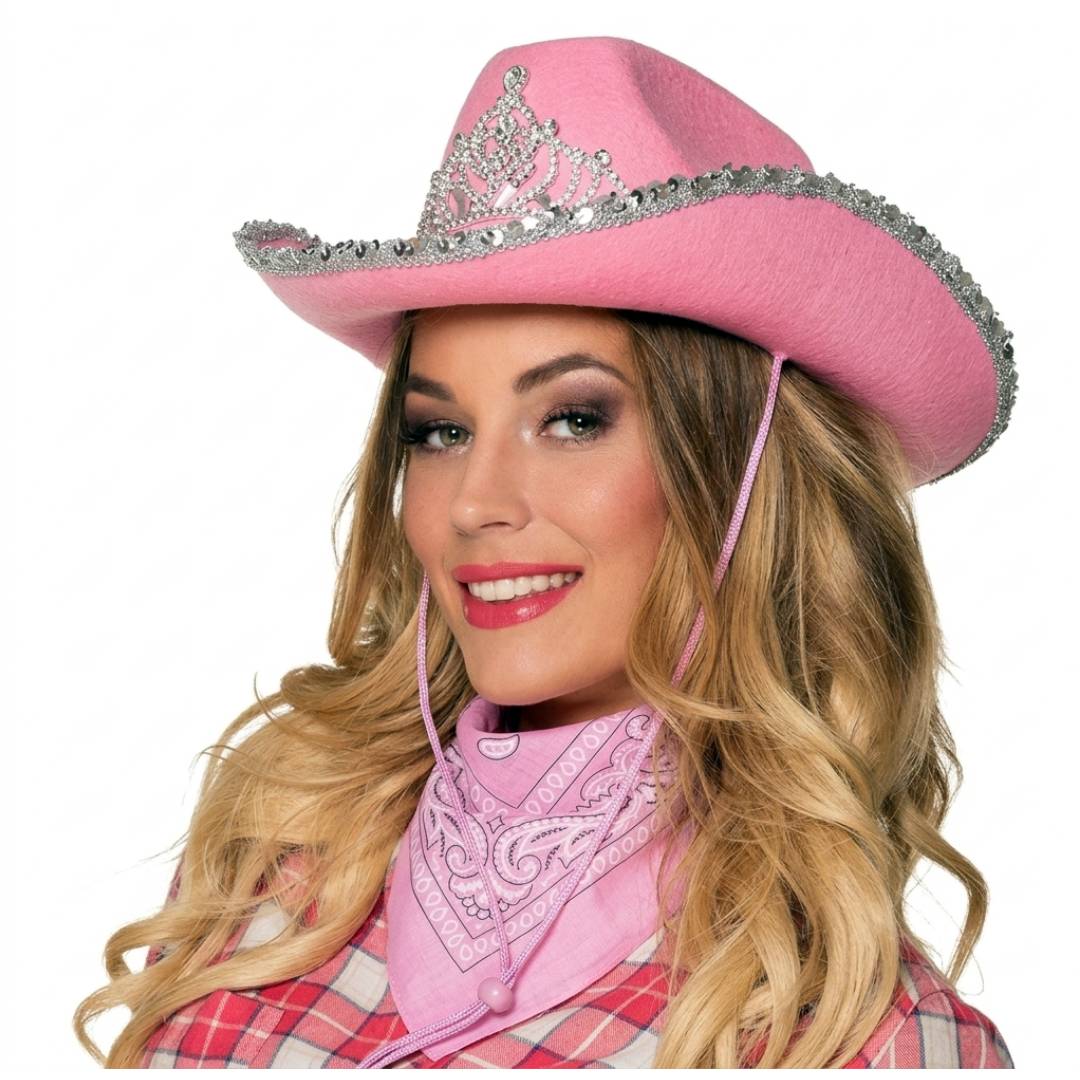 Pack Sombrero Cowboy Rosa con Tiara y Pañuelo: Set Vaquera Brillante para Peñas, Despedidas y Fiestas (Lotes 1-12 uds), Kebedo Moda