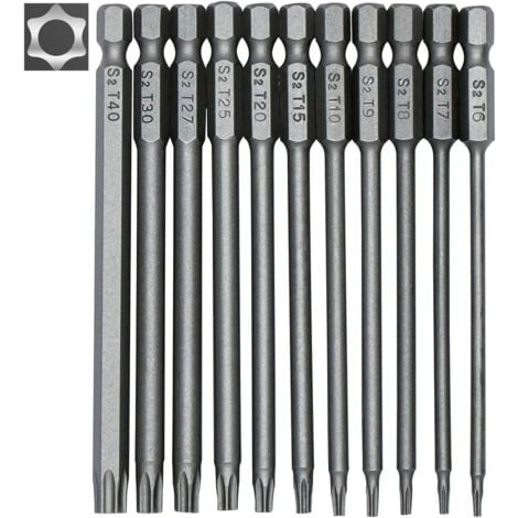 Vástago hexagonal Torx de 11 piezas de 100 mm - Juego de puntas magnéticas Acero de aleación S2 (T5 a T40)
