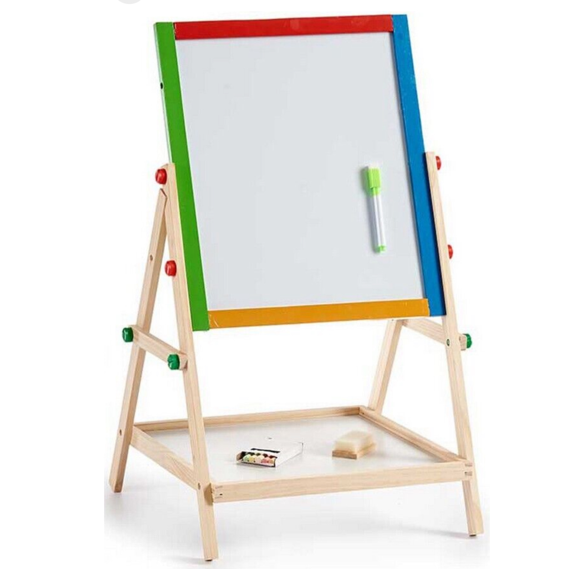 Pizarra Infantil de Doble Cara Caballete de Madera – Pizarra Blanca y Negra con Marco de Colores, Incluye Rotulador, Borrador y Tizas, Altura Ajustable, Ideal para Niños, Juegos Educativos y Creatividad en Casa