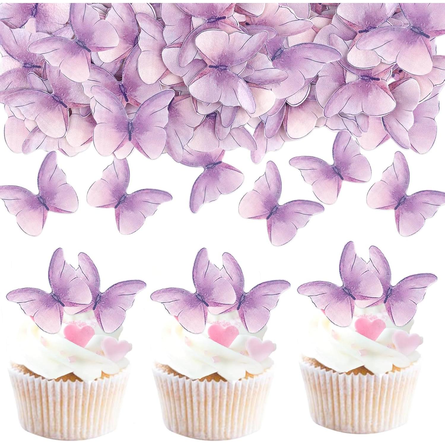 Adornos de Mariposa para Cupcakes,48 Piezas Mariposas Moradas para Decorar Pasteles,Adornos de Mariposas 3D para Tartas,Ooblea de Papel,Suministros para Bodas,Fiestas de Cumpleaños