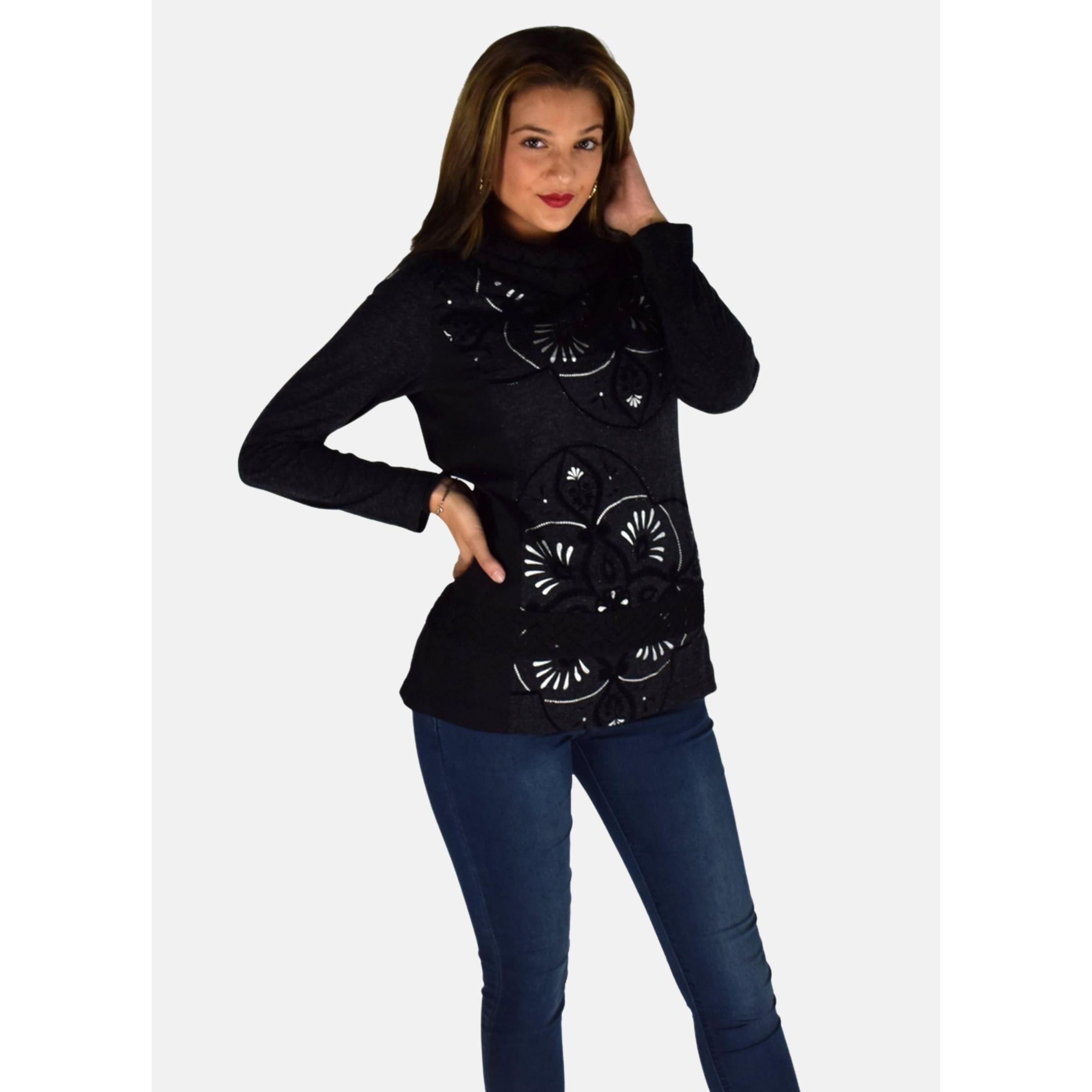 Koroshi - Camiseta manga larga mujer algodón 100% cuello vuelto contraste estampado flock foil pecho diseño texturizado brillo metálico corte regular cómodo negro
