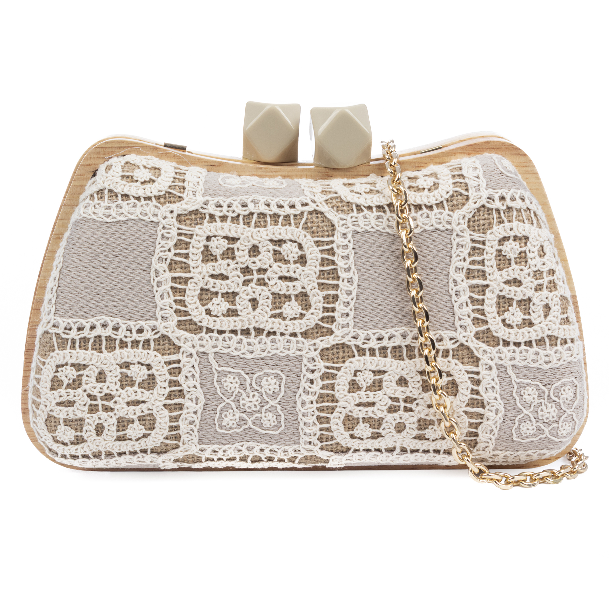 Bonamico Bolso bandolera Mujer. Fabricado en madera natural, algodón y paja trenzada.