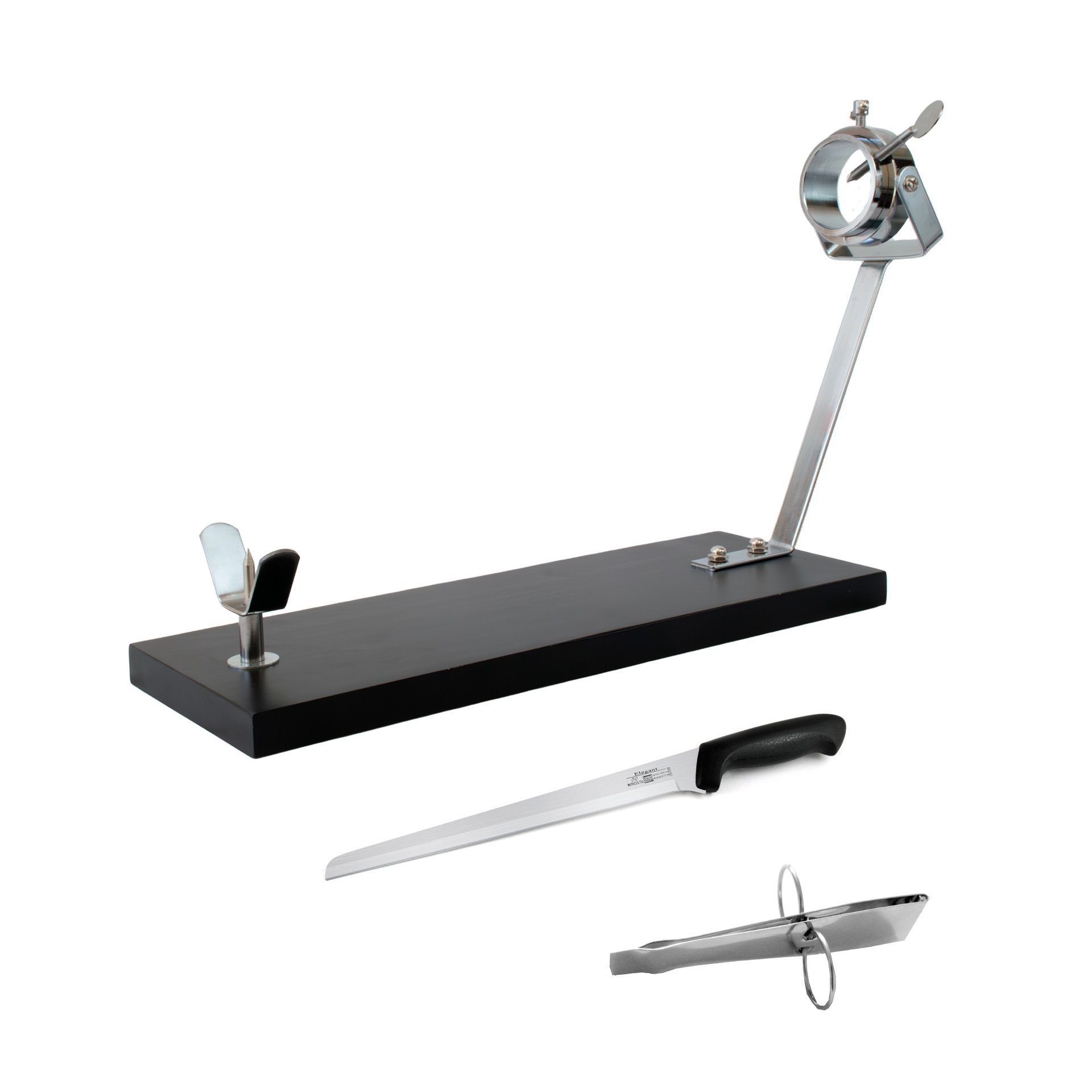 Fackelmann Set Jamonero Giratorio XXL Negro, Madera de Pino Resistente 48x30x17 cm, Base Estable para Jamones Grandes, incluye Cuchillo Jamonero 34/34 cm y Pinzas para Jamón Acero Inoxidable 11 cm